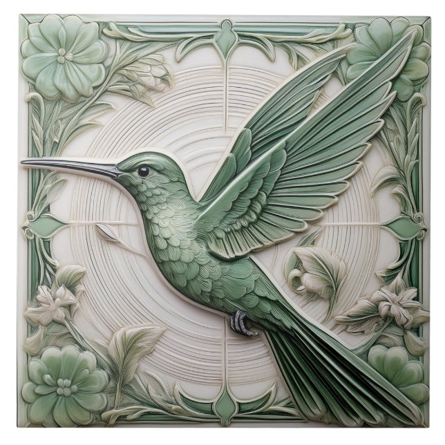 Grün Imitate Erleichterung Art Nouveau Hummingbird Fliese (Vorderseite)