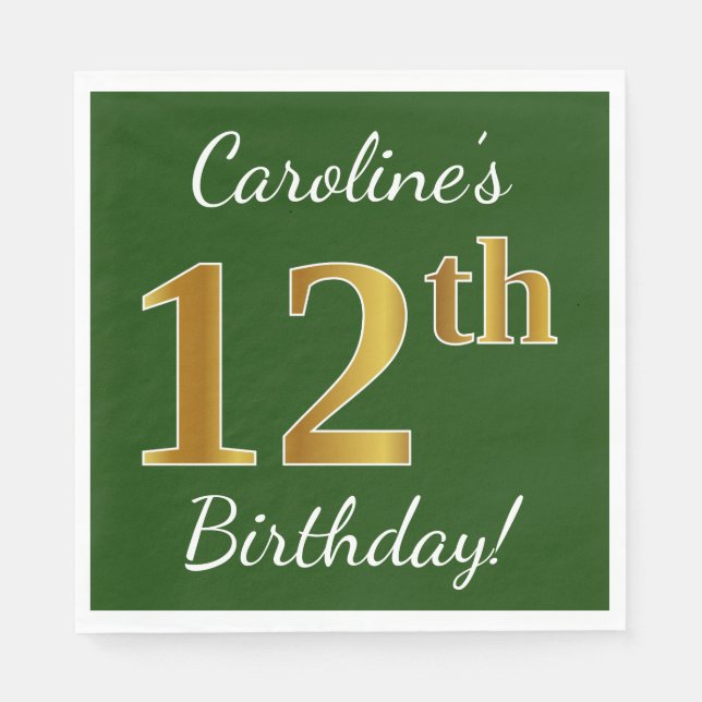 Grün, Imitate Gold 12. Geburtstag + Individuelle N Serviette (Vorderseite)