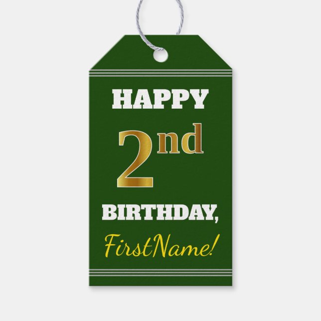 Grün, Imitate Gold 2. Geburtstag + Individuelle Na Geschenkanhänger (Vorderseite)