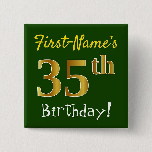 Grün, Imitate Gold 35. Geburtstag, mit Individuell Button (Vorderseite)