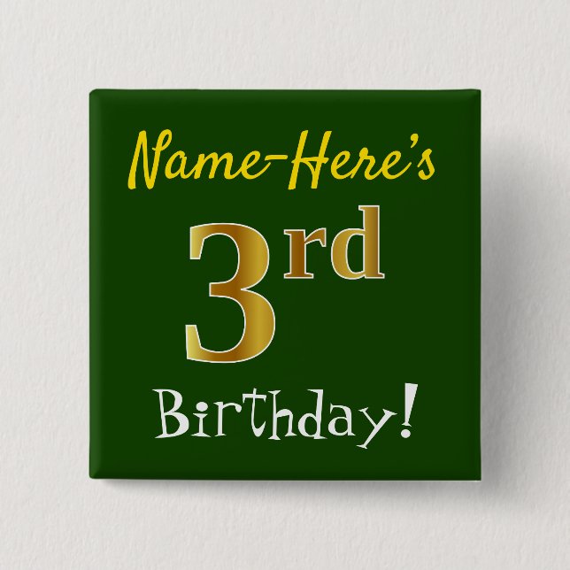 Grün, Imitate Gold 3. Geburtstag, mit Individuelle Button (Vorderseite)