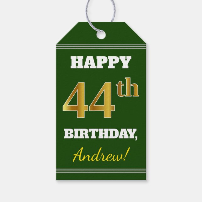 Grün, Imitate Gold 44. Geburtstag + Individuelle N Geschenkanhänger (Vorderseite)