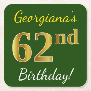 Grün, Imitate Gold 62. Geburtstag + Individuelle N Rechteckiger Pappuntersetzer
