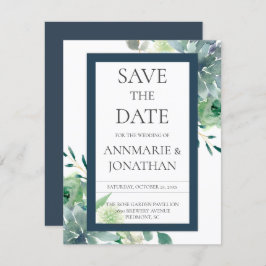 Grün & Indigosukkulente Weiße Blume Hochzeit Einladung