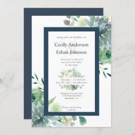 Grün & Indigosukkulente Weiße Blume Hochzeit Einladung