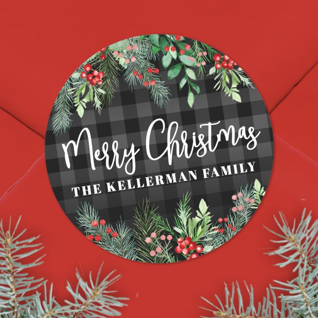 Grün Kariert Frohe Weihnachten Runder Aufkleber (Greenery Plaid Merry Christmas Classic Round Sticker )