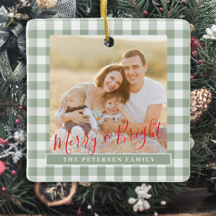 Grün kariert Gingham 2 Foto Familien-Weihnachten Keramikornament