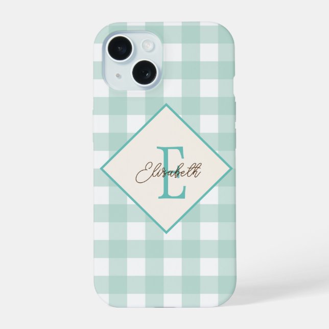 Grün Kariert, Monogramm iPhone 15 Hülle (Rückseite)