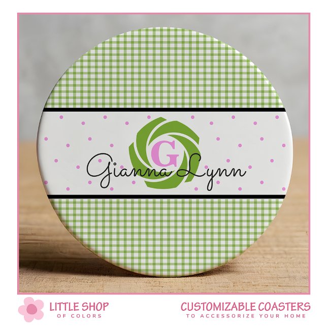 Grün kariert Monogramm Runder Pappuntersetzer (Von Creator hochgeladen)