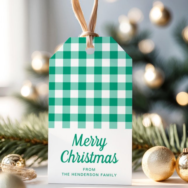 Grün kariert Schriftzug Weihnachten Geschenkanhänger (Green Checked Gingham Script Christmas Gift Tags)