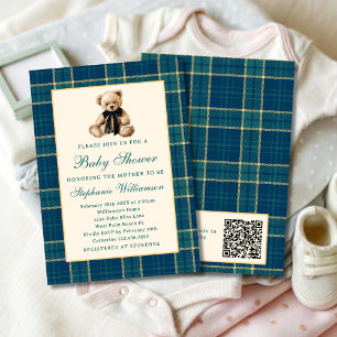 Grün kariert vintage Teddybär QR-Code Babyparty Einladung