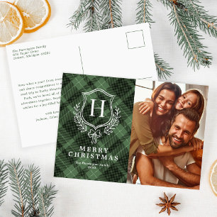 Grün karierte monogrammierte Foto-Weihnachtskarte Feiertagspostkarte