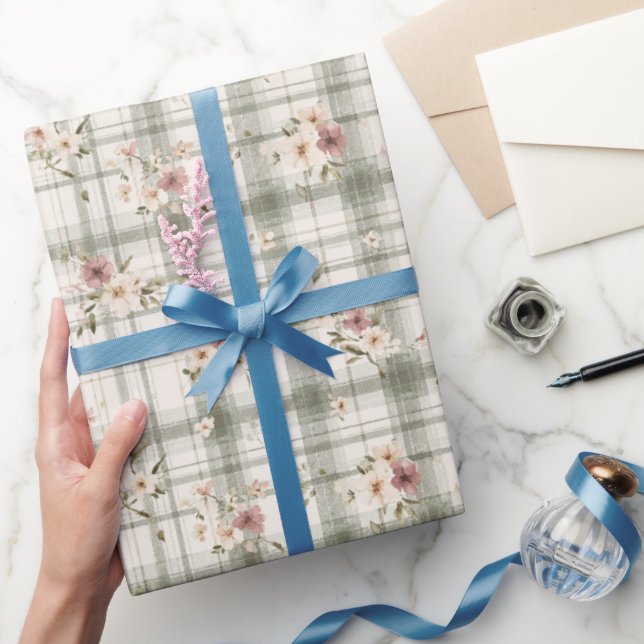 Grün karierte Streifen Burgunder Creme Blumen Gebu Geschenkpapier (Schenken)