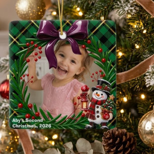 Grün karierter personalisierter Weihnachtsfoto-Sch Keramikornament