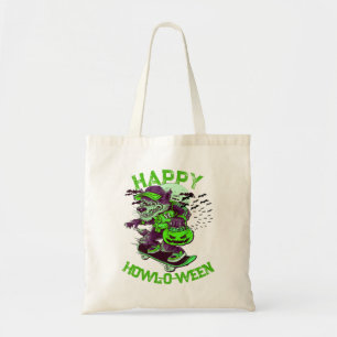 Grün Lila Frohes Howl-o-ween Wolf Skateboarding Tragetasche