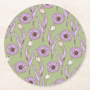 Grün Lila Retro Y2K Funky Hippie Blumenmuster Runder Pappuntersetzer