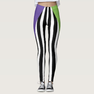 Grün Lila Schwarz und Weiß verspielte Streifen Leggings