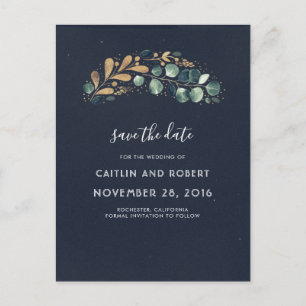 Grün, Marineblau und Gold Vintage Save the Date Ankündigungspostkarte