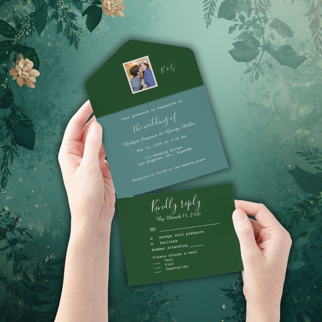 grün-minimales extravagantes Paar Foto monogramm All In One Einladung (Von Creator hochgeladen)