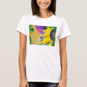 Grün-Mit Augen Katze mit Marienkäfer und Blume T-Shirt