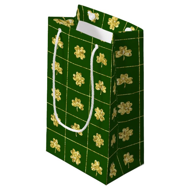 GRÜN MIT GOLD GLITZER SEHEN KLEEBLÄTTER KLEINE GESCHENKTÜTE (Vorderseite Schrägansicht)