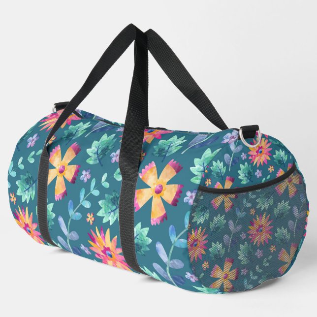 GRÜN MIT PINK & GELBEN RANDOM-BLUME DUFFLE BAG (Rechte Ecke)