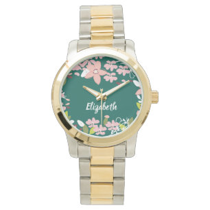 Grün mit rosa Blume Personalisiert Armbanduhr
