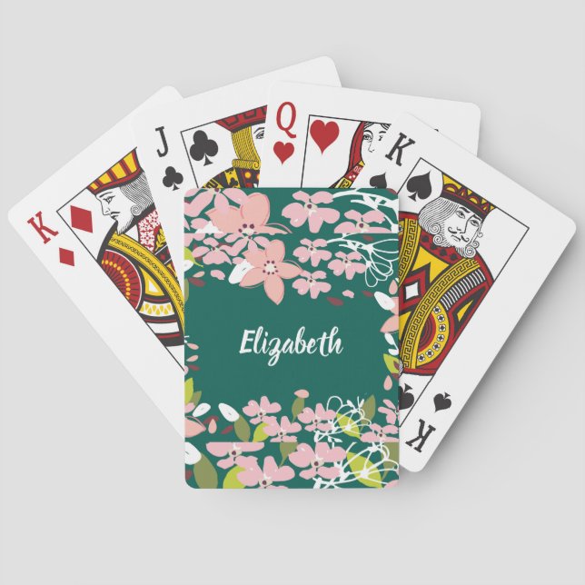 Grün mit rosa Blume Personalisiert Spielkarten (Rückseite)