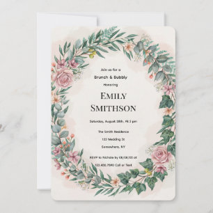 Grün mit rosa Blumen Brunch & Bubbly Einladung
