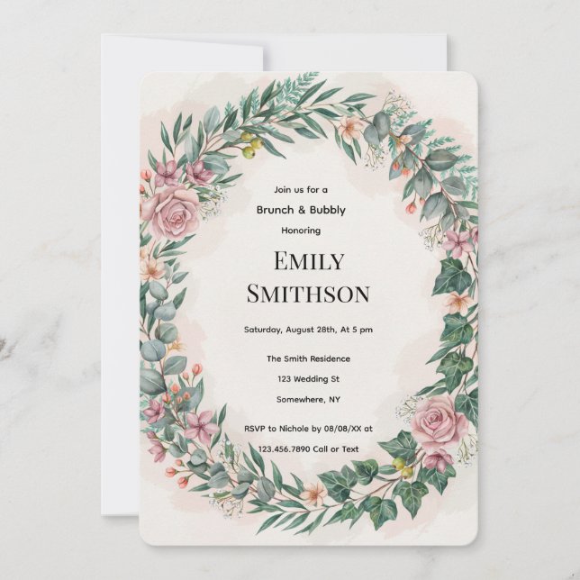 Grün mit rosa Blumen Brunch & Bubbly Einladung (Vorderseite)
