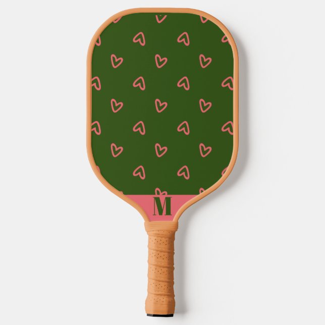 Grün mit rosa Herzen Modernes Monogramm Pickleball Schläger (Rückseite)