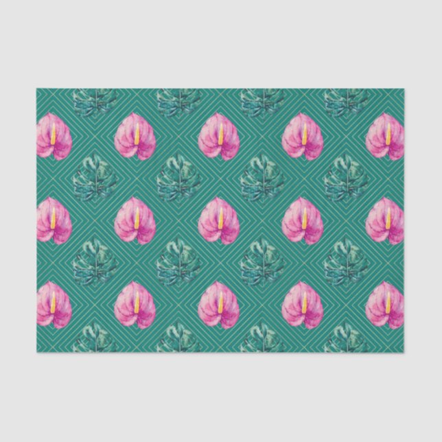 Grün mit tropischen Blume und Palmen-Blätter Seidenpapier (Vorderseite)