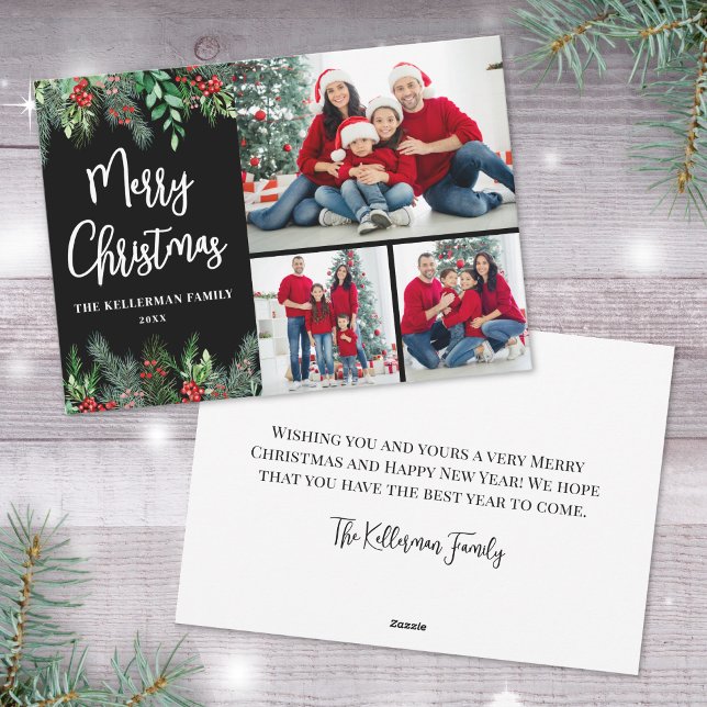 Grün Moderne Foto Weihnachten (Greenery Modern Photo Collage Merry Christmas Holiday Card)