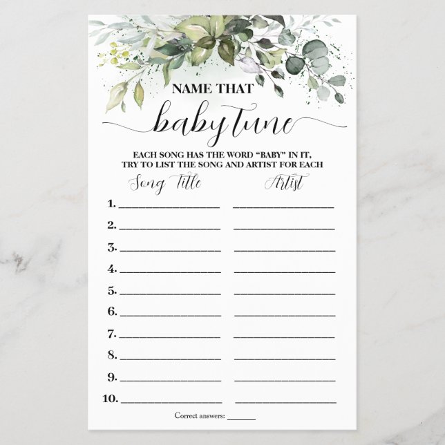Grün Name Baby Tune Baby Shower Game Card Flyer (Vorne)