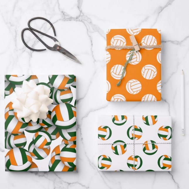 grün orange 3 pc koordiniert Volleyballmuster Geschenkpapier Set (Vorderseite)