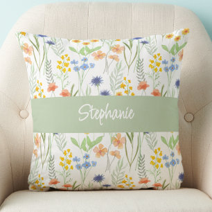 Grün Orange Aquarell Wildblumen Monogramm Name Kissen