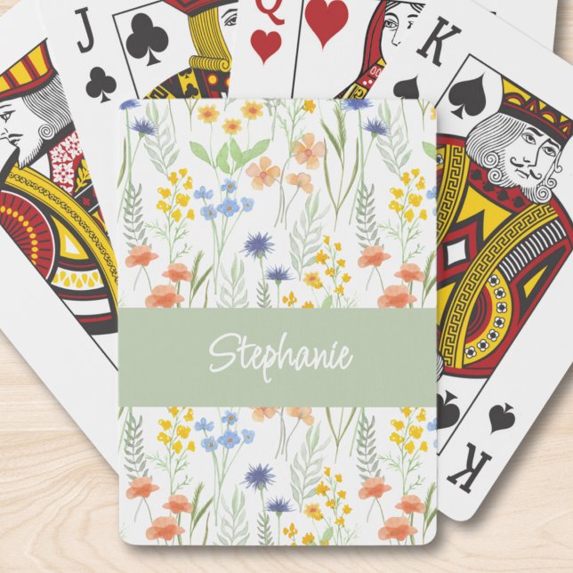 Grün Orange Aquarell Wildblumen Monogramm Name Spielkarten (Von Creator hochgeladen)