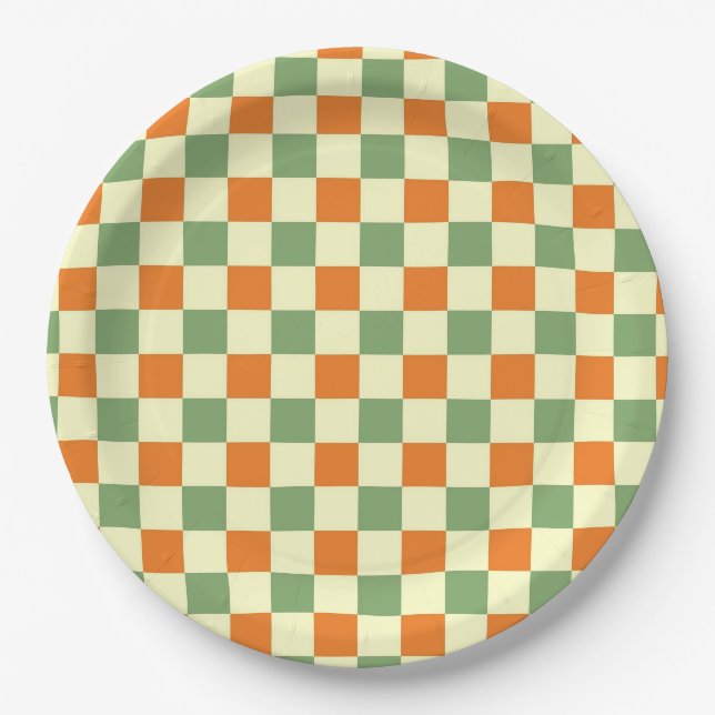 Grün Orange Braun Kariert Gingham-Muster Pappteller (Vorderseite)