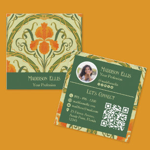 Grün & Orange Floral Retro Weiblich Quadratische Visitenkarte