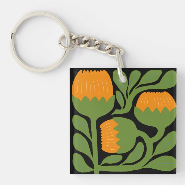 Grün & Orange Moderne Abstrakte Blumenmuster Schlüsselanhänger (Vorderseite)