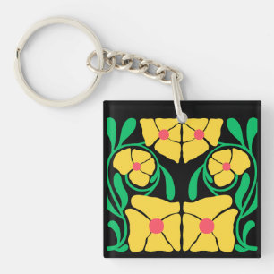 Grün & Orange Moderne Abstrakte Blumenmuster Schlüsselanhänger