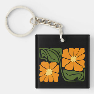 Grün & Orange Moderne Abstrakte Blumenmuster Schlüsselanhänger