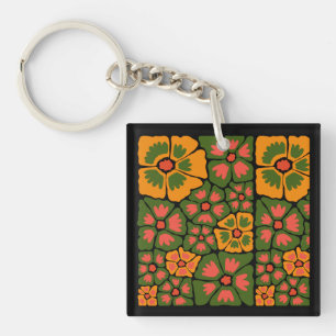 Grün & Orange Modernes abstraktes Floraldesign Schlüsselanhänger
