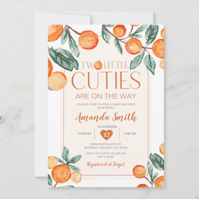 Grün Orange Zwei kleine Süssen sind auf dem Weg Einladung (Vorderseite)