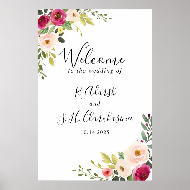 Grün Pink Blush Bloral Wedding Willkommen Poster (Vorne)