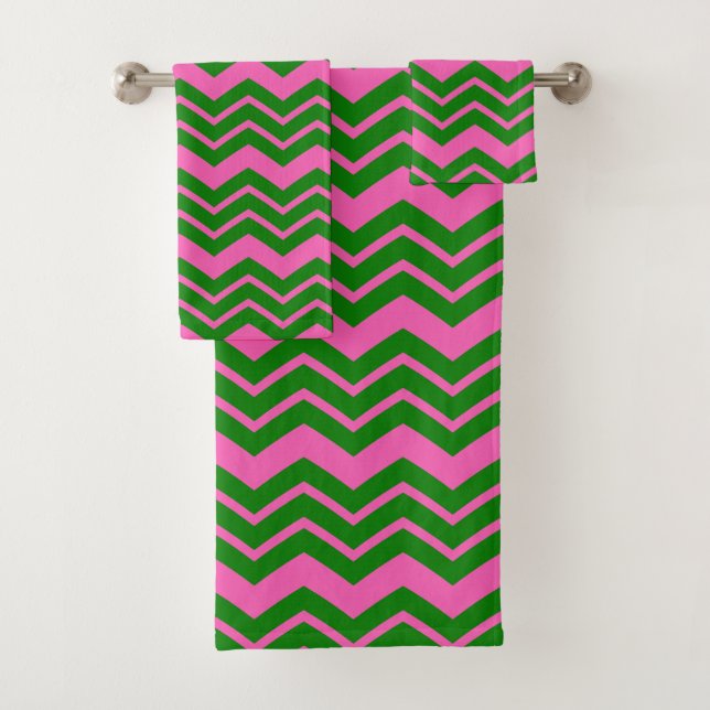 Grün Pink Chevron Zickzack-Design  Badhandtuch Set (Insitu)