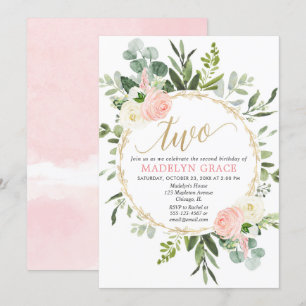 Grün pink goldfarbenes Mädchen 2. Geburtstag Einladung