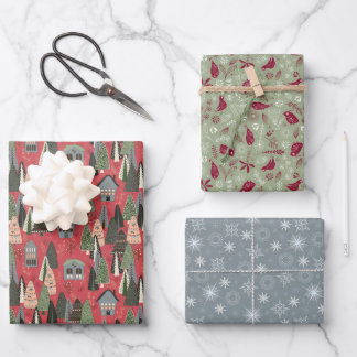 Grün Pink Grau Weihnachtswald Dorf Geschenkpapier Set