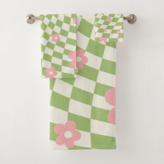 Grün Pink Kariert Floral Badhandtuch Set