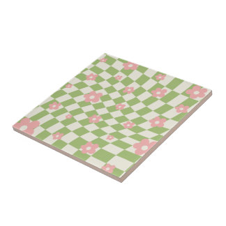 Grün Pink Kariert Floral Fliese